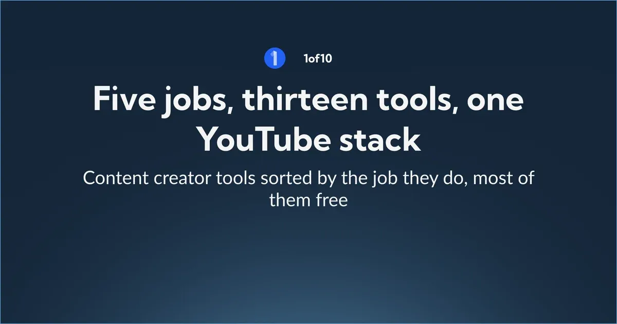 Five jobs, thirteen tools, one YouTube stack: content creator tools sorted by the job they do, most of them free